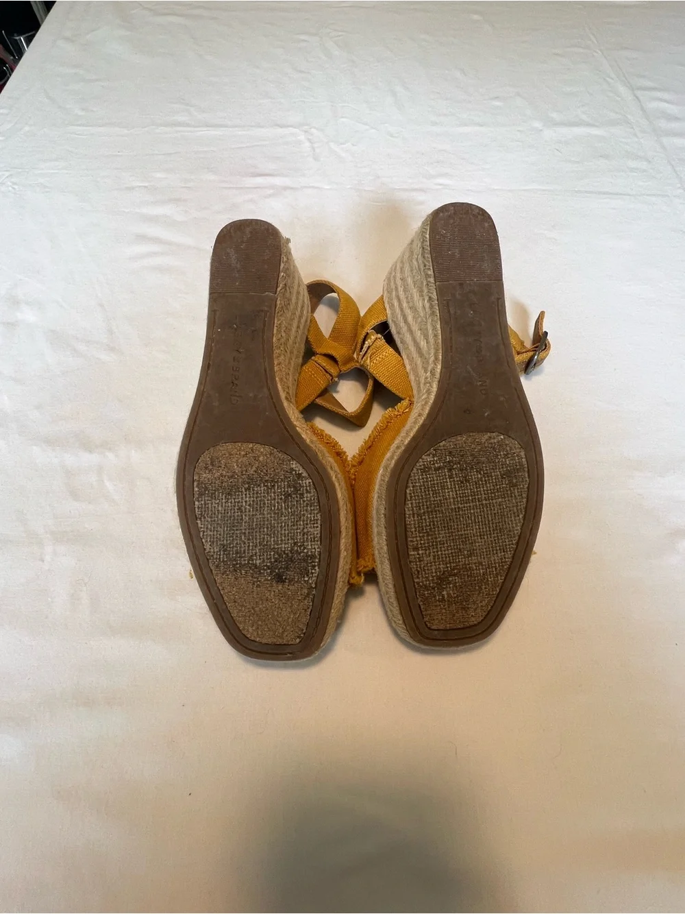 Lucky Brand Mustard Yellow Canvas Mindra Espadrille Wedge Sandals Sz 8